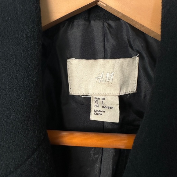 Black Wool PeaCoat With Contrasting 100% Lamb Nappa Leather Sleeves By H&M Sz 8 - Picture 10 of 10